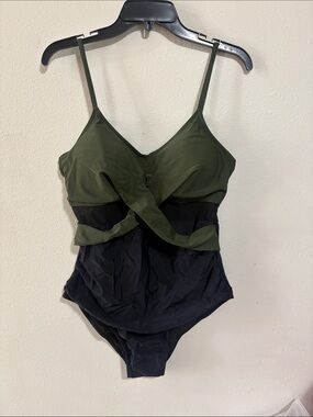 NEW American Trends Green And Black Mesh Retro One Piece Swimsuit Size L